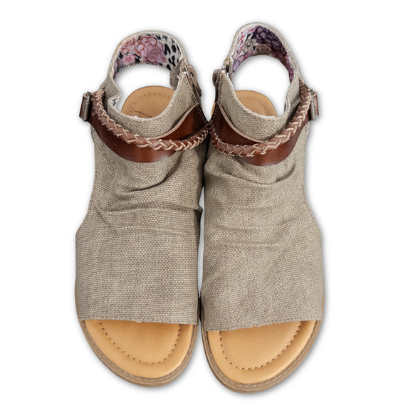Blowfish Sandals - Womens 8.5 - Brown Peep Toe Canvas Gladiator Flat with Zipper - Picture 1 of 8